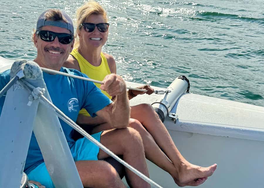 San Diego Bay: 2.5 hour Pure Catamaran Sailing Cruise - The catamaran setup: bow nets, padded seats, and steering time